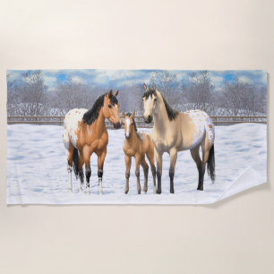 Buckskin Appaloosa Horses In Snow Beach Towel