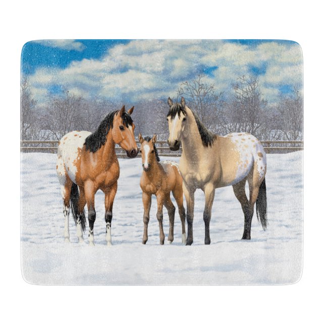 Buckskin Appaloosa Horses In Snow Cutting Board (Front)