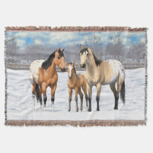 Buckskin Appaloosa Horses In Snow Throw Blanket