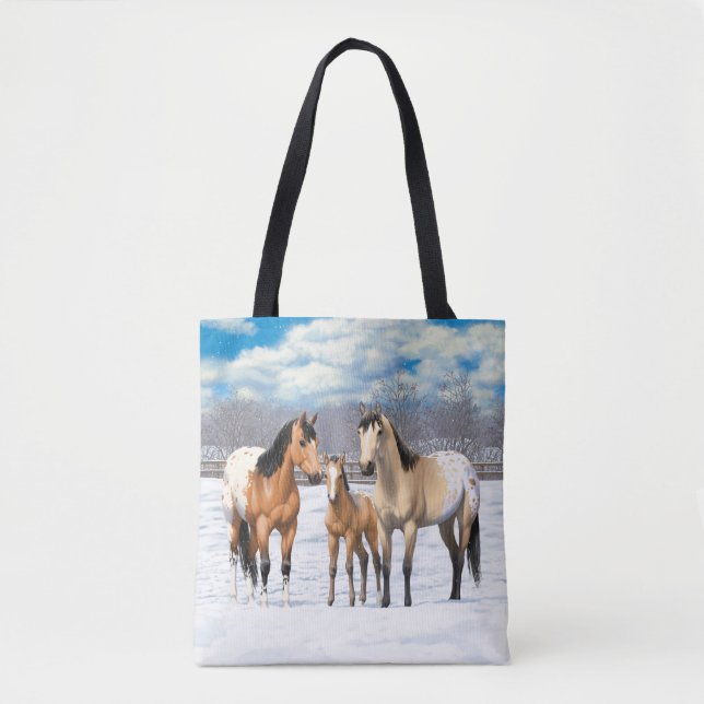 Buckskin Appaloosa Horses In Snow Tote Bag (Front)