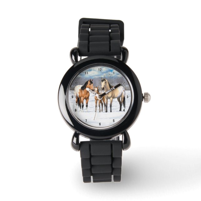 Buckskin Appaloosa Horses In Snow Watch (Front)