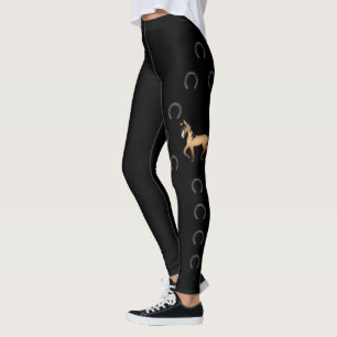 Buckskin Cute Cartoon Trotting Horse & Horseshoes Leggings