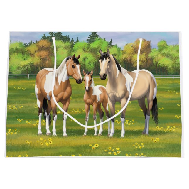 Buckskin Dun Pinto Paint Horses In Summer Pasture Large Gift Bag (Front)