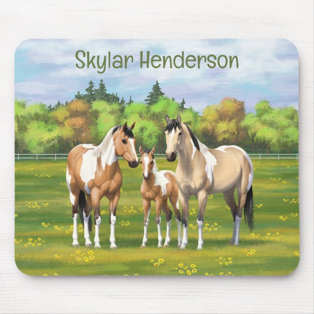 Buckskin Dun Pinto Paint Horses In Summer Pasture Mouse Mat (Front)
