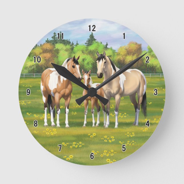 Buckskin Dun Pinto Paint Horses In Summer Pasture Round Clock (Front)