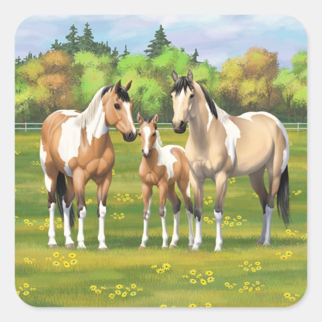 Buckskin Dun Pinto Paint Horses In Summer Pasture Square Sticker (Front)
