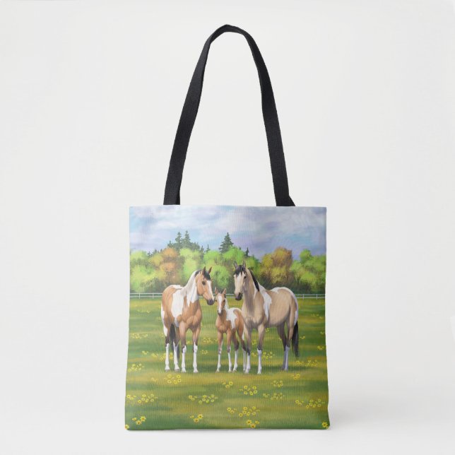 Buckskin Dun Pinto Paint Horses In Summer Pasture Tote Bag (Front)
