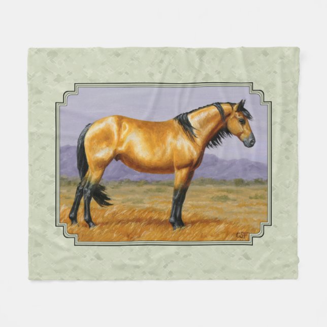 Buckskin Horse Mustang Stallion Sage Green Fleece Blanket (Front (Horizontal))