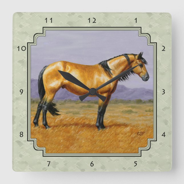 Buckskin Horse Mustang Stallion Sage Green Square Wall Clock (Front)