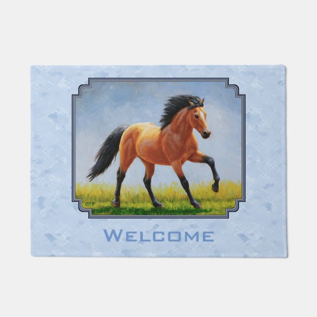 Buckskin Horse Running Light Blue Doormat (Front)
