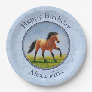 Buckskin Horse Running Light Blue Paper Plate
