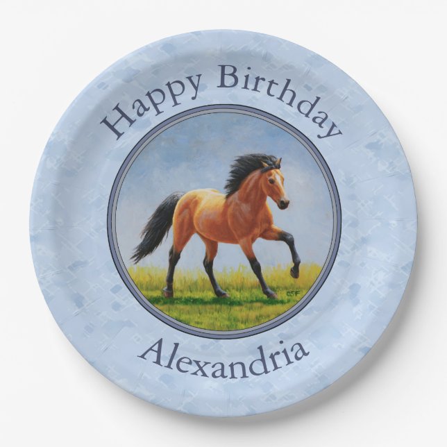 Buckskin Horse Running Light Blue Paper Plate (Front)