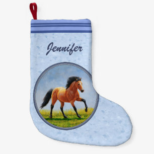 Buckskin Horse Running Light Blue Small Christmas Stocking