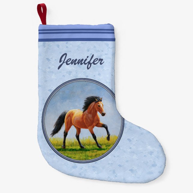 Buckskin Horse Running Light Blue Small Christmas Stocking (Front)