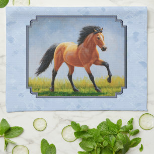 Buckskin Horse Running Light Blue Tea Towel