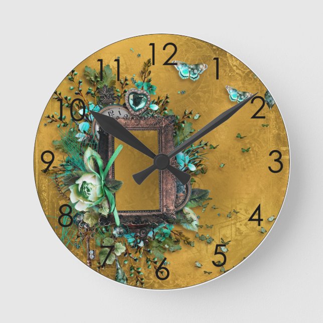 Buckskin Leather Victorian Frame tan butterflies Round Clock (Front)