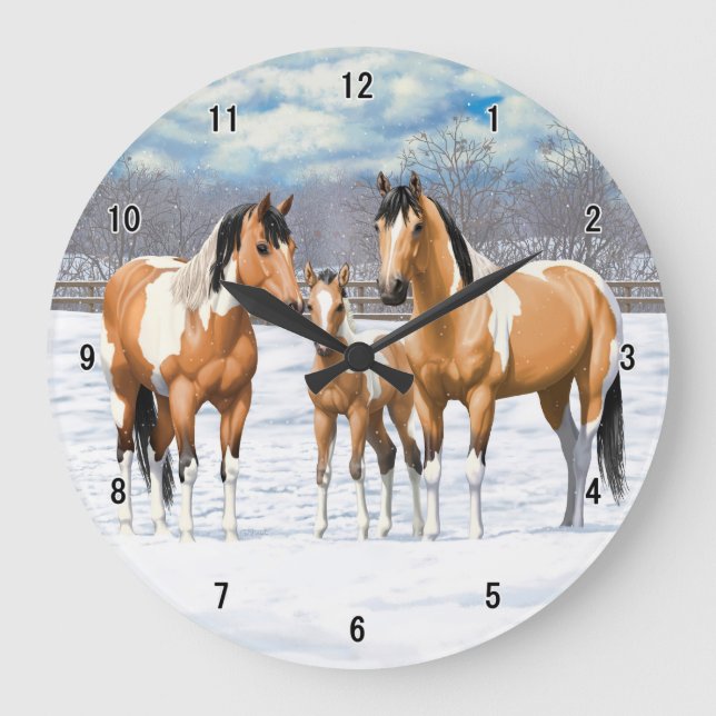 Buckskin Paint Horses In Snow Large Clock (Front)