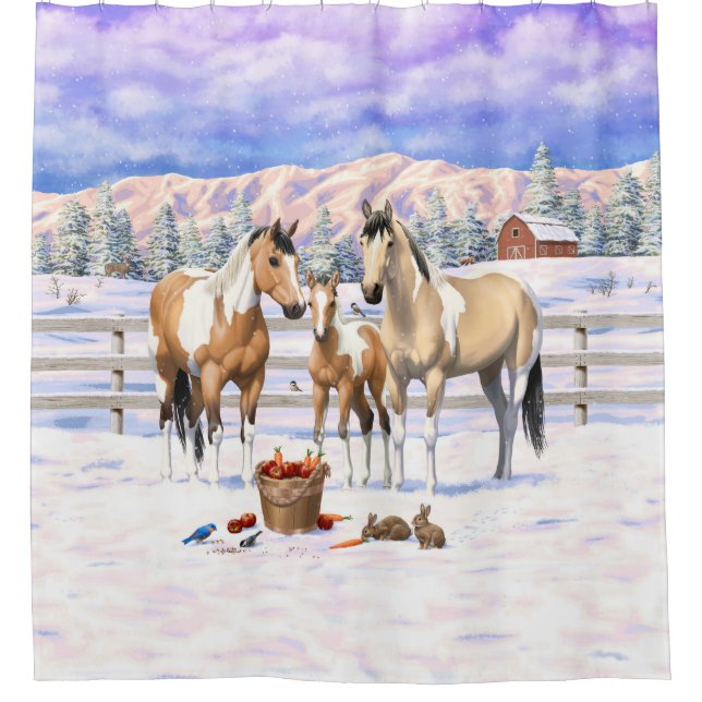 Buckskin Paint Horses In Snow Shower Curtain (Front)