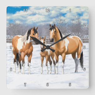 Buckskin Paint Horses In Snow Square Wall Clock