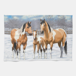 Buckskin Paint Horses In Snow Tea Towel