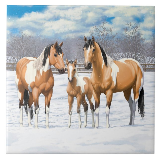 Buckskin Paint Horses In Snow Tile (Front)