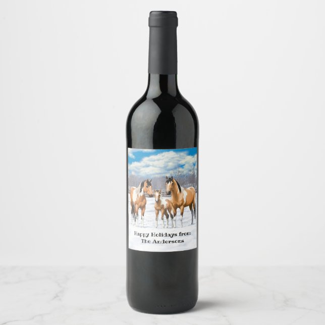 Buckskin Paint Horses In Snow Wine Label (Front)