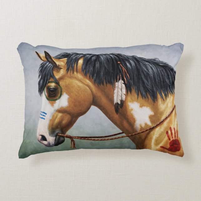 Buckskin Pinto Native American War Horse Decorative Cushion (Front)