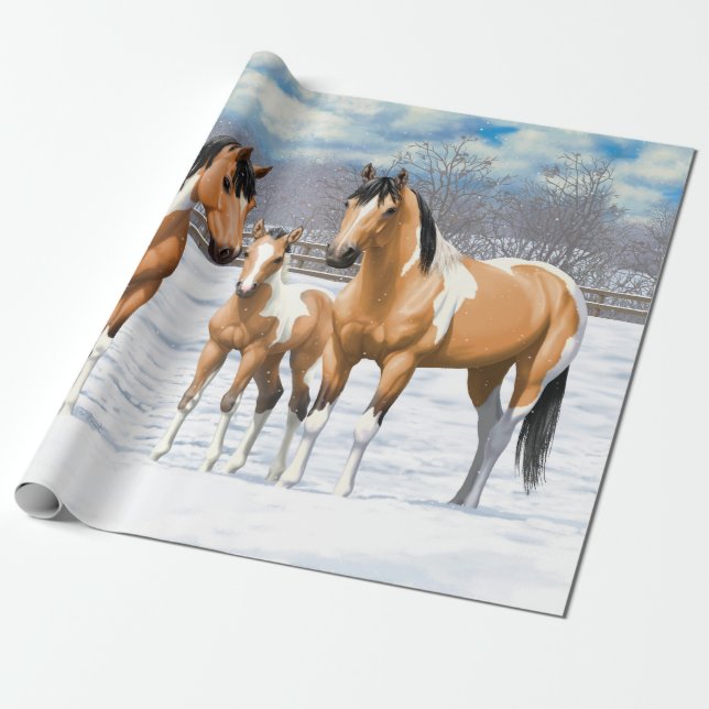 Buckskin Pinto Paint Quarter Horses In Snow Wrapping Paper (Unrolled)