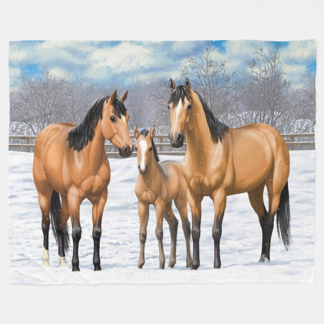 Buckskin Quarter Horses In Snow Fleece Blanket (Front (Horizontal))