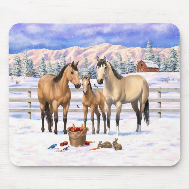 Buckskin Quarter Horses In Snow Mouse Mat (Front)