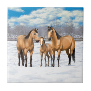 Buckskin Quarter Horses In Snow Tile