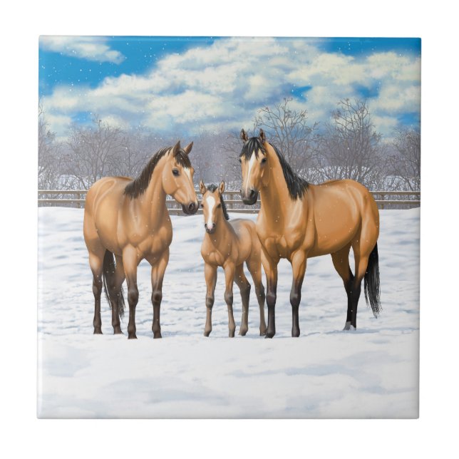 Buckskin Quarter Horses In Snow Tile (Front)