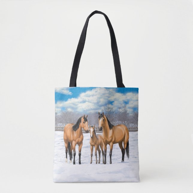 Buckskin Quarter Horses In Snow Tote Bag (Front)