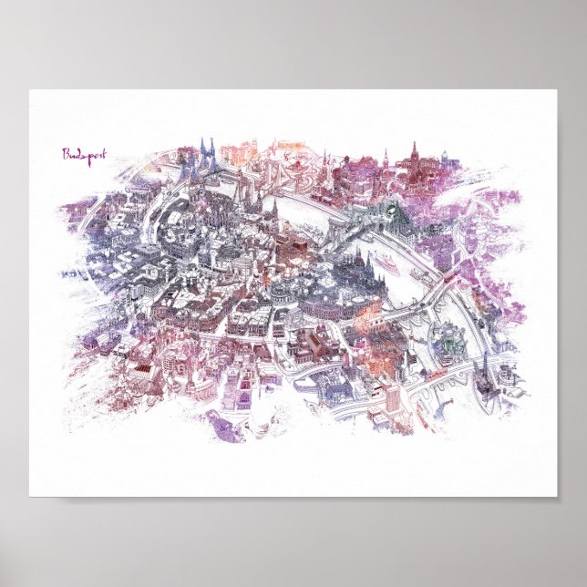Budapest - Bird's Eye View Map (Purple) Poster (Front)