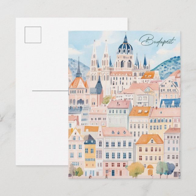 Budapest Hungary Gouache Paint Illustration Travel Postcard (Front/Back)