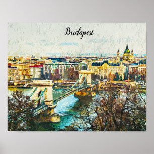 Budapest Hungary Oil Paint Panorama View Poster