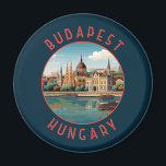 Budapest Hungary Retro Distressed Circle Magnet<br><div class="desc">Budapest retro vector travel design in an emblem style. Budapest,  Hungary’s capital,  is bisected by the River Danube. Its 19th-century Chain Bridge connects the hilly Buda district with flat Pest.</div>