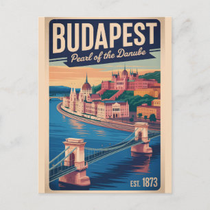 Budapest Hungary Retro Skyline Cityscape Travel Postcard