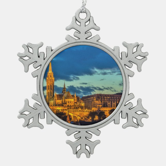 Budapest, Hungary Snowflake Pewter Christmas Ornament (Front)