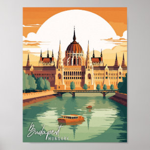 Budapest Hungary vintage travel illustration Poster