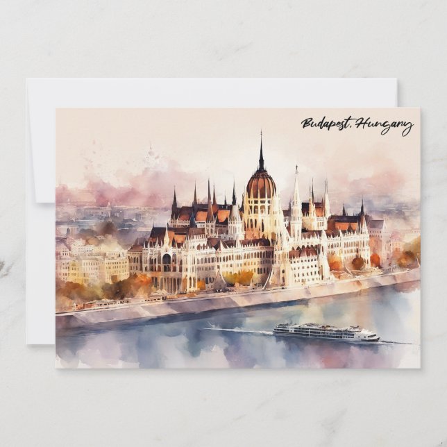 Budapest Hungary Watercolor Painting Panorama View Card (Front)