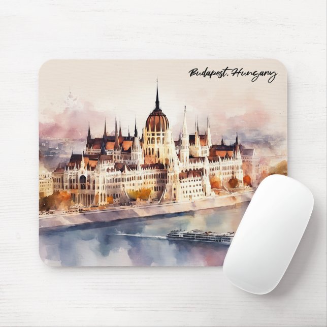 Budapest Hungary Watercolor Painting Panorama View Mouse Mat (With Mouse)