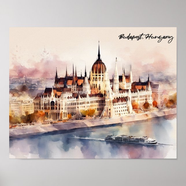 Budapest Hungary Watercolor Painting Panorama View Poster (Front)