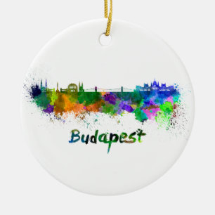 Budapest skyline in watercolor ceramic tree decoration