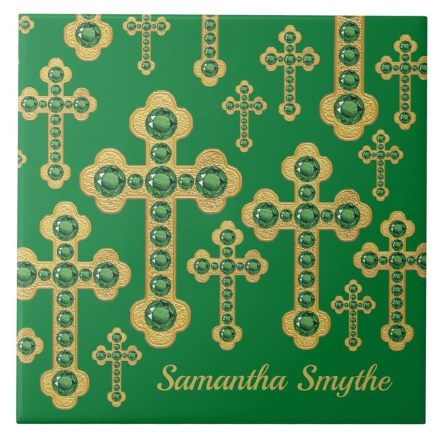 Budded Crosses with 12 Faux Emeralds - Tile (Front)
