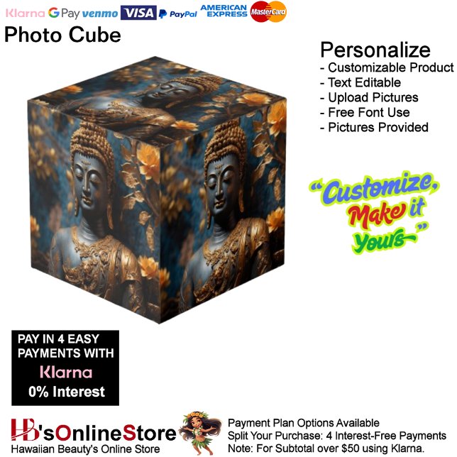 Buddha Black Gold Floral Background Cube (Buddha Floral Black Gold Calm Photo Cube.)