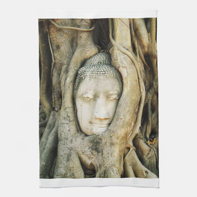 Buddha Head in the Fig Tree .. Ayutthaya, Thailand Tea Towel (Vertical)