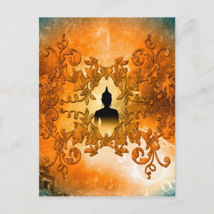 Buddha in the sunset with glowing mystical light postcard