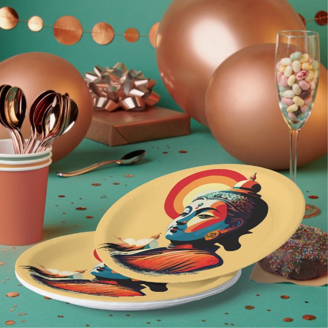 Buddha Lord Retro Pop Art Portrait Paper Plate (Multi)