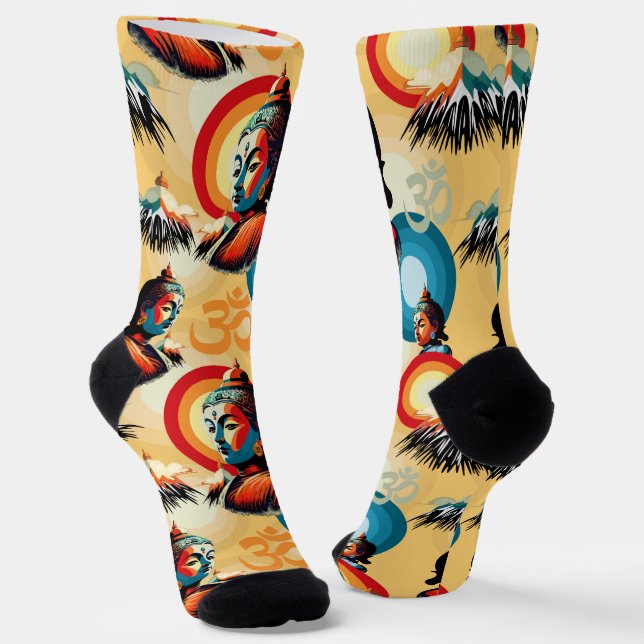Buddha Lord Retro Pop Art Portrait Socks (Angled)